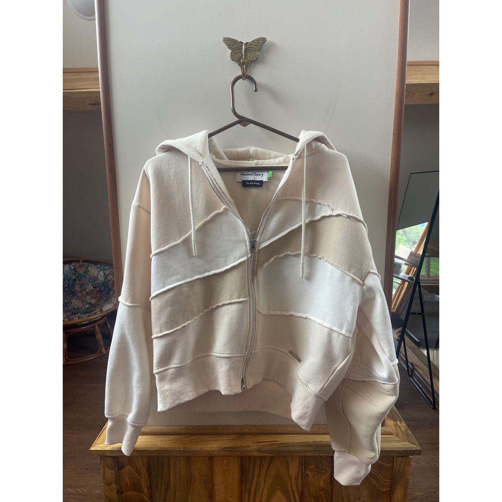 House of Sunny The Big Bang Patchwork Zip Up Hoodie Cream Beige Tan Mens M - Picture 1 of 7